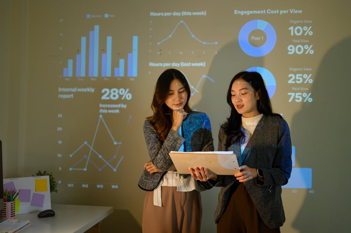 Two professionals reviewing an analytics dashboard projecting growth charts